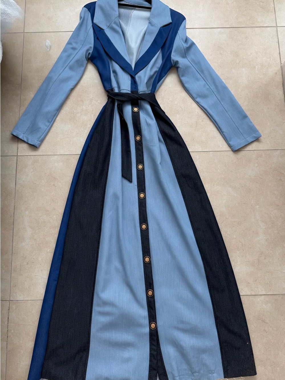 Blue & Navy Colorblock Button-Front Maxi Dress with Belt